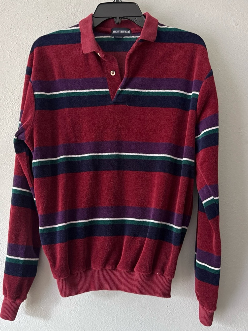 Vintage Chesterfield Striped Velour Long-Sleeve Polo Shirt